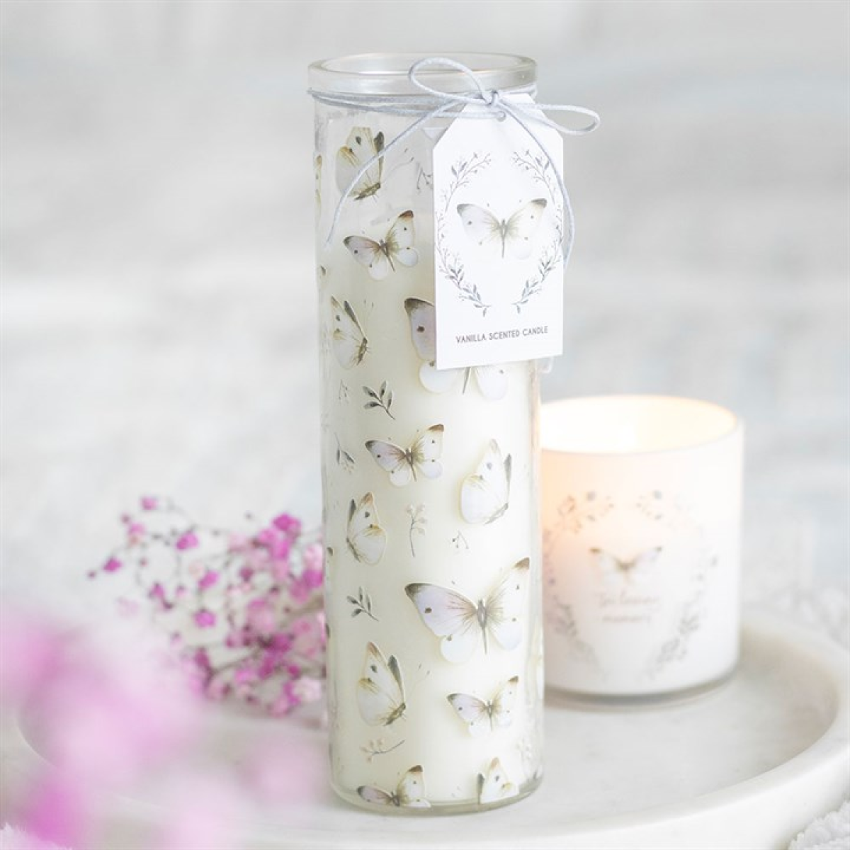 White Butterfly Print Vanilla Tube Candle